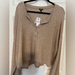 Express Shimmery Taupe Cropped Waffle Knit Henley Top